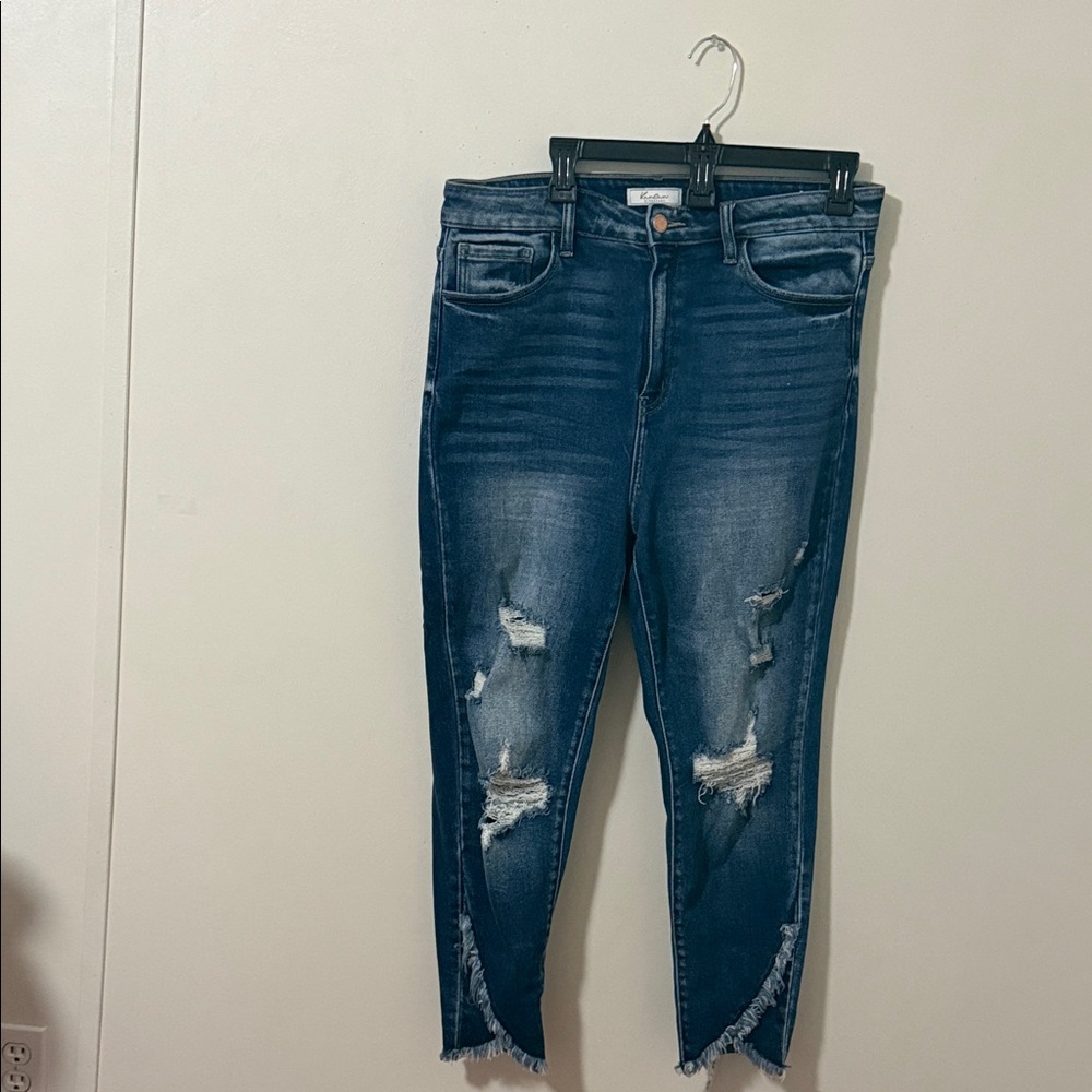 KanCan Dark Blue Distressed Ankle Cropped Jeans